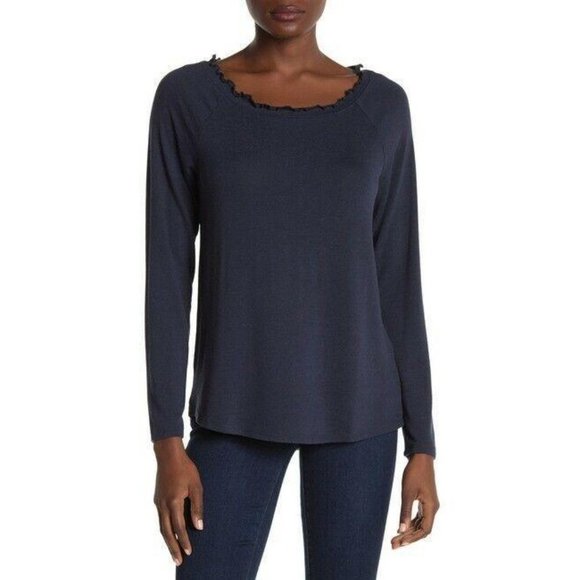 ^ Gibson Women's Large Ruffled Edge Raglan Navy Pullover - Picture 1 of 10